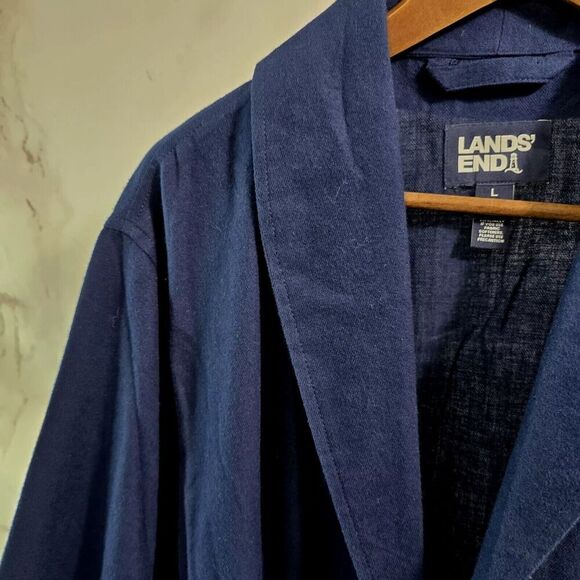 Lands End Robe Mens Large Blue Flannel Full Length Bath Lightweight Thermal - Picture 2 of 12